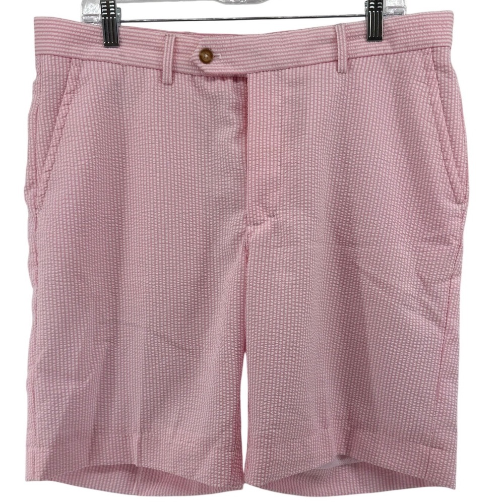 F&G Tech Mens Pink White Seersucker Golf Shorts Size 36 Frederica Golf Club